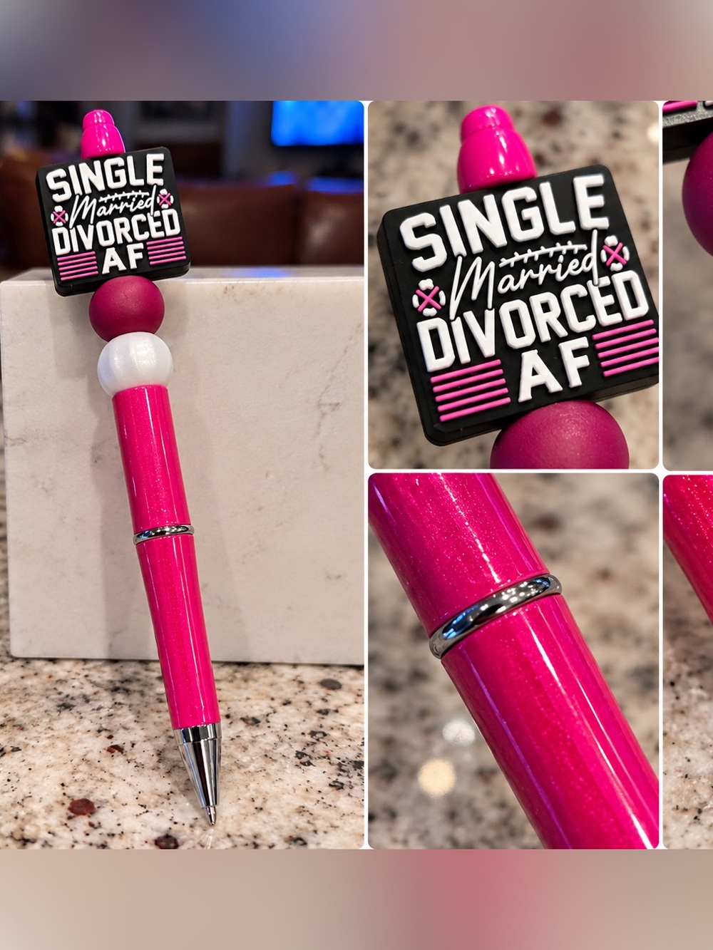 Hot Pink Novelty Ballpoint Pen with 'Single Married Divorced AF' Topper